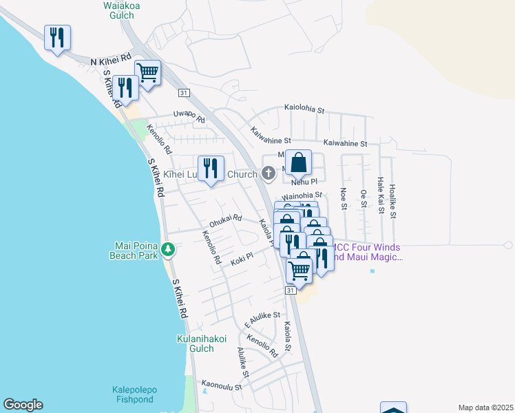 map of restaurants, bars, coffee shops, grocery stores, and more near 291 Kaiola Place in Kihei