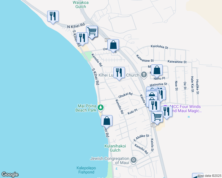map of restaurants, bars, coffee shops, grocery stores, and more near 285 Kenolio Road in Kihei