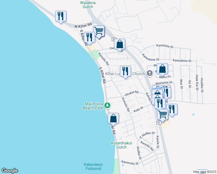 map of restaurants, bars, coffee shops, grocery stores, and more near 27 Nanialii Place in Kihei