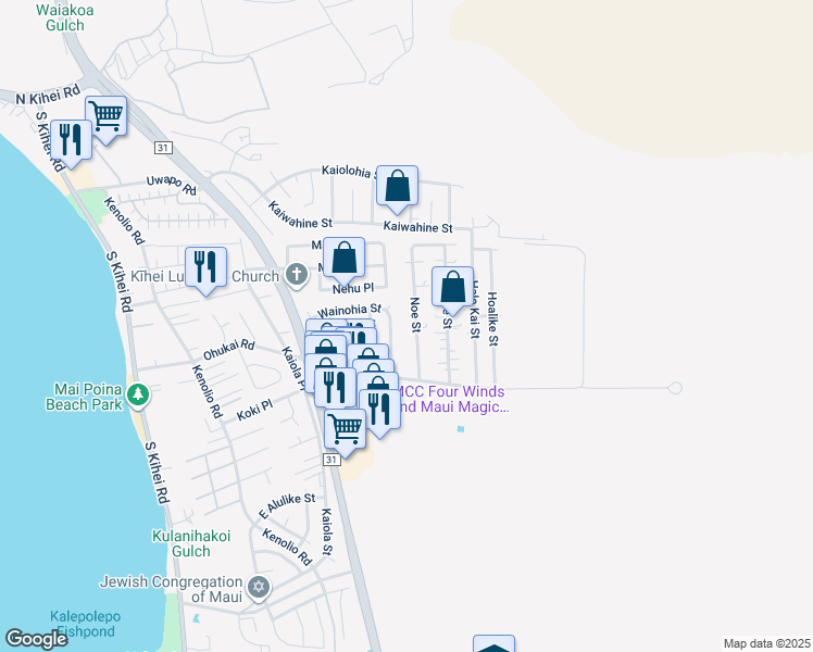 map of restaurants, bars, coffee shops, grocery stores, and more near 315 Wainohia Street in Kihei