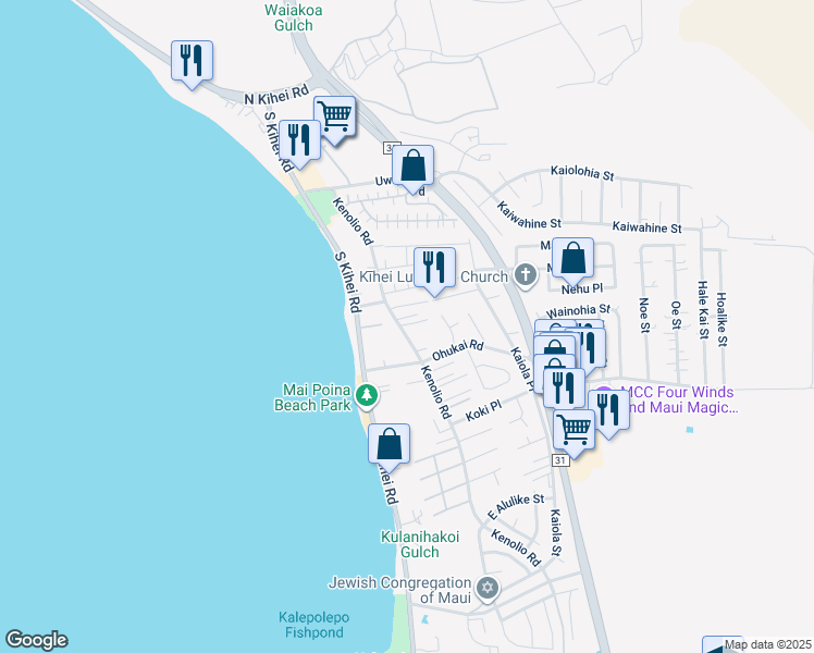 map of restaurants, bars, coffee shops, grocery stores, and more near 285 Kenolio Road in Kihei