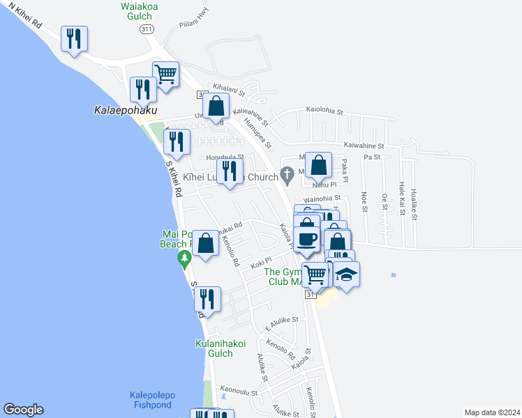 map of restaurants, bars, coffee shops, grocery stores, and more near 281 Pakalana Place in Kihei