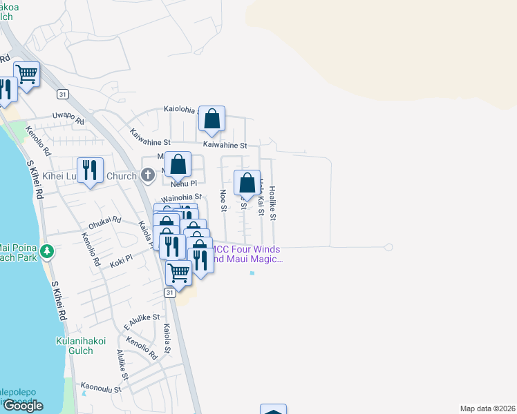 map of restaurants, bars, coffee shops, grocery stores, and more near 290 Hale Kai Street in Kihei