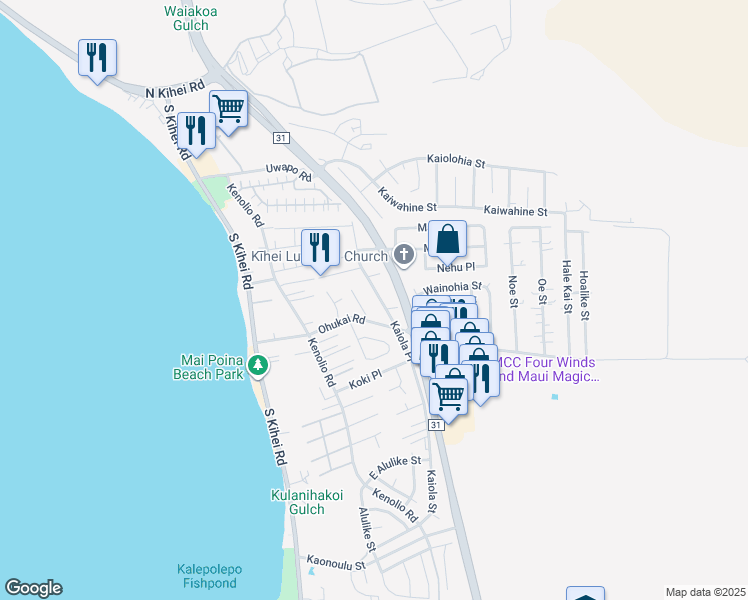 map of restaurants, bars, coffee shops, grocery stores, and more near 291 Kaiola Place in Kihei