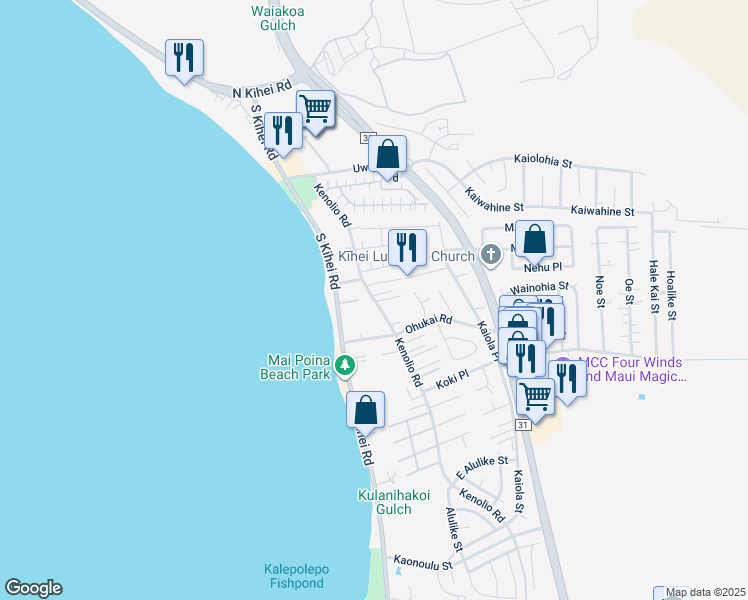 map of restaurants, bars, coffee shops, grocery stores, and more near 269 Kenolio Road in Kihei