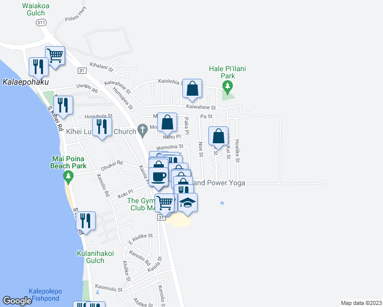 map of restaurants, bars, coffee shops, grocery stores, and more near 311 Wainohia Street in Kihei