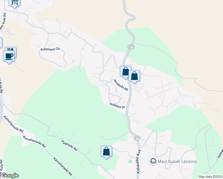 map of restaurants, bars, coffee shops, grocery stores, and more near 83 Kulalani Drive in Kula