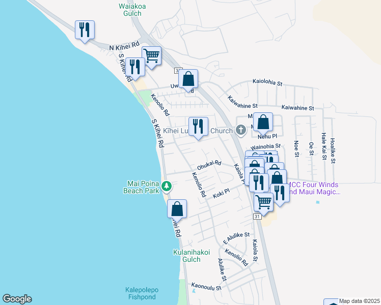 map of restaurants, bars, coffee shops, grocery stores, and more near 281 Kenolio Road in Kihei