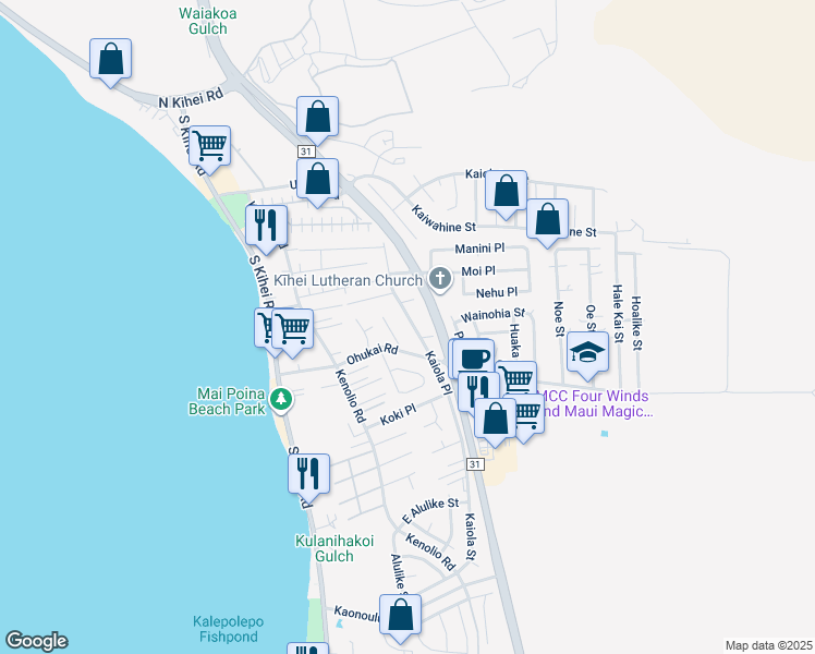 map of restaurants, bars, coffee shops, grocery stores, and more near Kaiola Place in Kihei