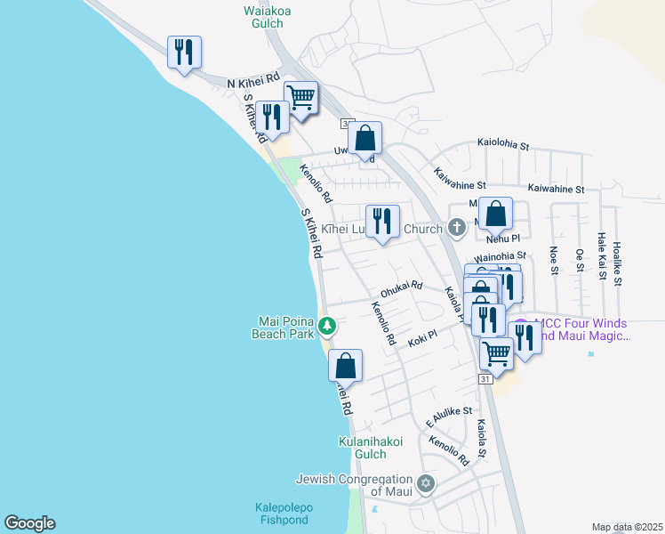 map of restaurants, bars, coffee shops, grocery stores, and more near 27 Nanialii Place in Kihei