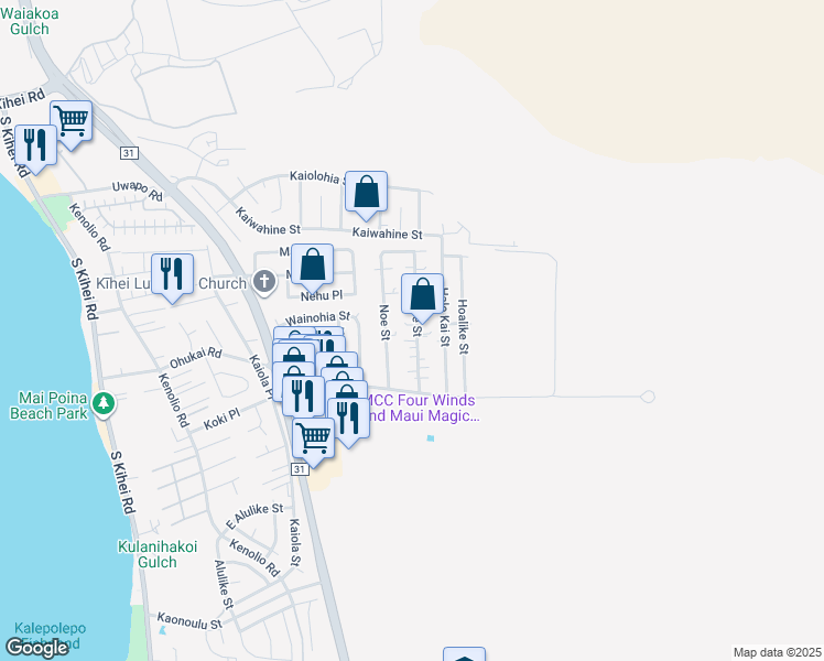 map of restaurants, bars, coffee shops, grocery stores, and more near 284 Oe Street in Kihei