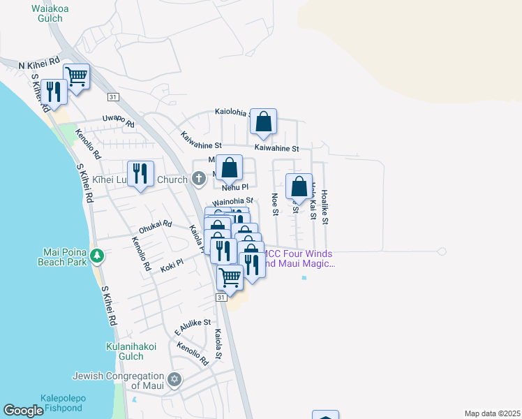 map of restaurants, bars, coffee shops, grocery stores, and more near 309 Wainohia Street in Kihei