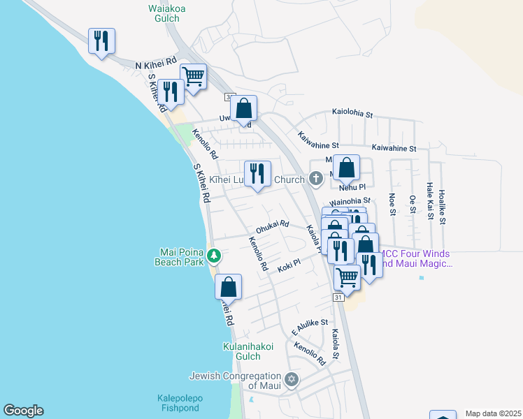 map of restaurants, bars, coffee shops, grocery stores, and more near 270 Olani Place in Kihei