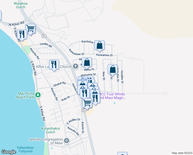 map of restaurants, bars, coffee shops, grocery stores, and more near 308 Wainohia Street in Kihei