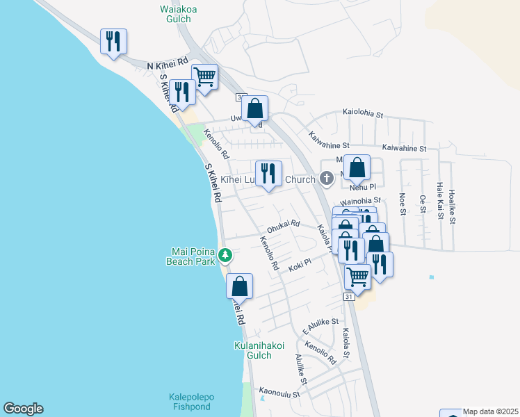 map of restaurants, bars, coffee shops, grocery stores, and more near 281 Kenolio Road in Kihei