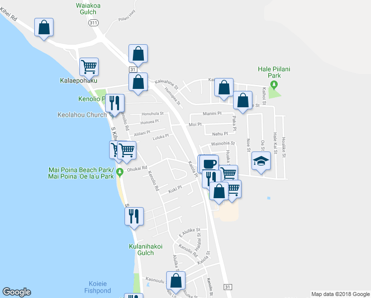 map of restaurants, bars, coffee shops, grocery stores, and more near 287 Kaiola Place in Kihei