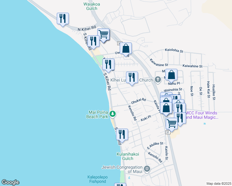 map of restaurants, bars, coffee shops, grocery stores, and more near 27 Nanialii Place in Kihei