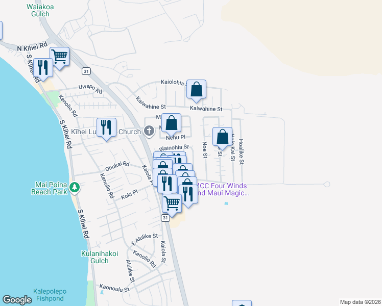 map of restaurants, bars, coffee shops, grocery stores, and more near 308 Wainohia Street in Kihei