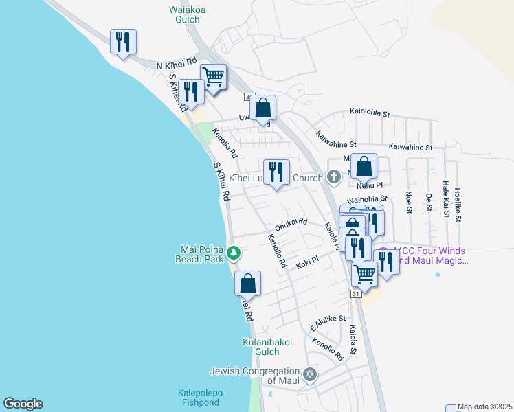 map of restaurants, bars, coffee shops, grocery stores, and more near 275 Kenolio Road in Kihei