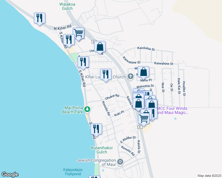 map of restaurants, bars, coffee shops, grocery stores, and more near 275 Olani Place in Kihei