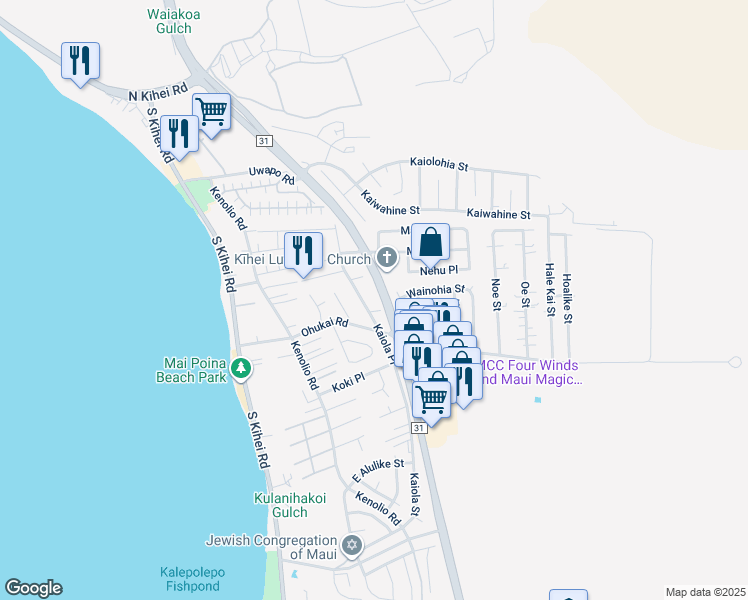 map of restaurants, bars, coffee shops, grocery stores, and more near 287 Kaiola Place in Kihei