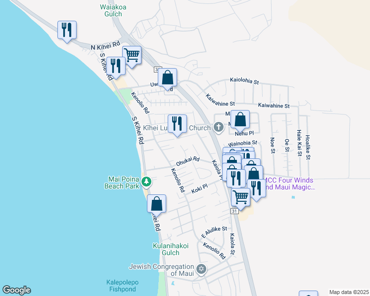 map of restaurants, bars, coffee shops, grocery stores, and more near 275 Olani Place in Kihei