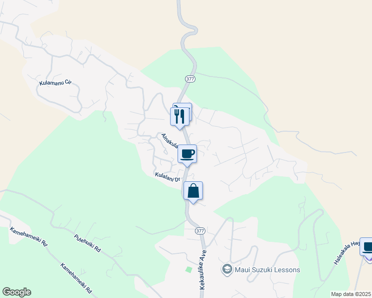 map of restaurants, bars, coffee shops, grocery stores, and more near Ainakula Road in Kula