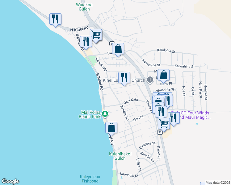 map of restaurants, bars, coffee shops, grocery stores, and more near 269 Kenolio Road in Kihei