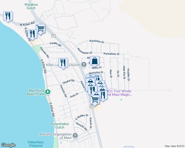 map of restaurants, bars, coffee shops, grocery stores, and more near 250 Wainohia Street in Kihei