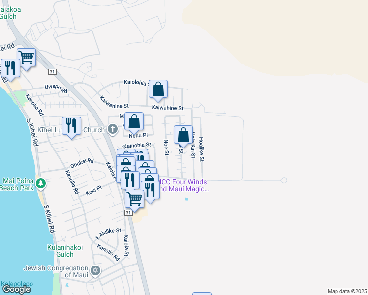 map of restaurants, bars, coffee shops, grocery stores, and more near 276 Oe Street in Kihei