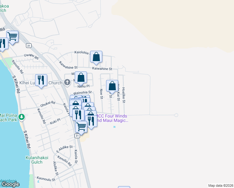 map of restaurants, bars, coffee shops, grocery stores, and more near 290 Hale Kai Street in Kihei