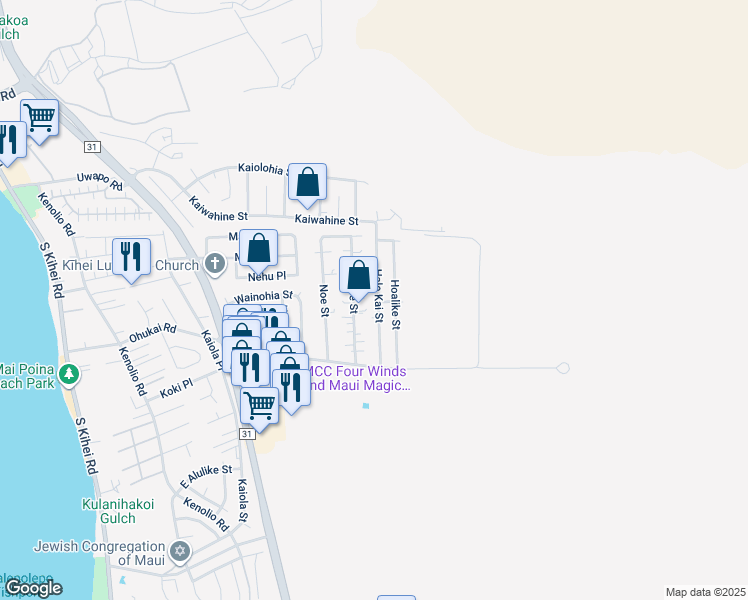 map of restaurants, bars, coffee shops, grocery stores, and more near 276 Hale Kai Street in Kihei