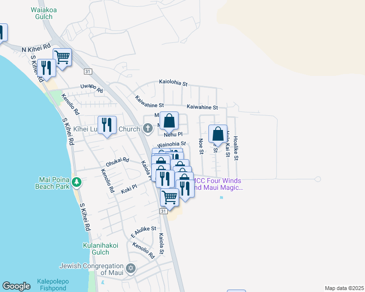 map of restaurants, bars, coffee shops, grocery stores, and more near 267 Huaka Street in Kihei