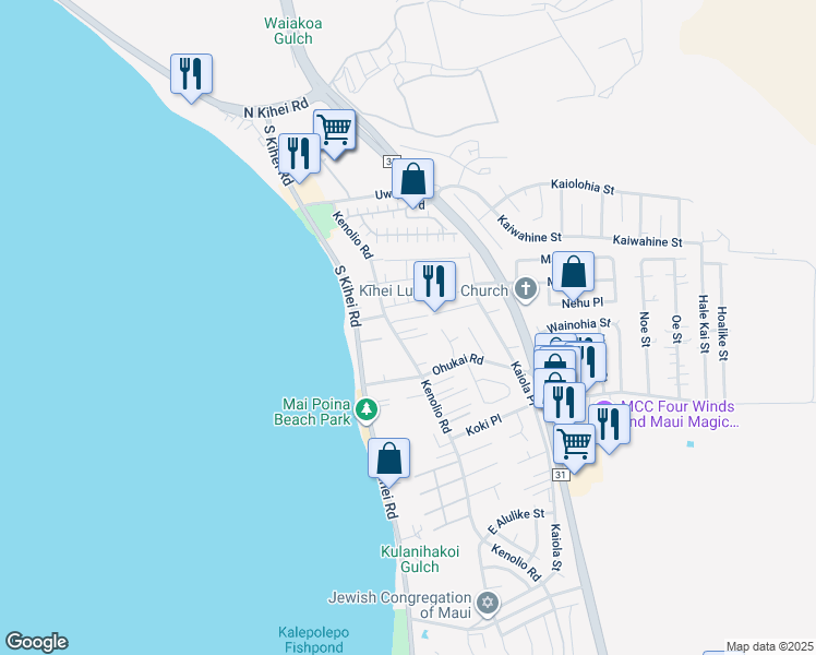map of restaurants, bars, coffee shops, grocery stores, and more near 265 Kenolio Road in Kihei