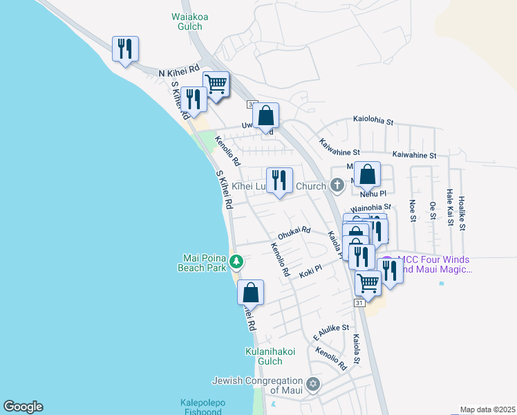 map of restaurants, bars, coffee shops, grocery stores, and more near 56 Konale Place in Kihei