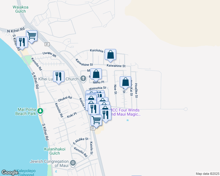 map of restaurants, bars, coffee shops, grocery stores, and more near 301 Wainohia Place in Kihei