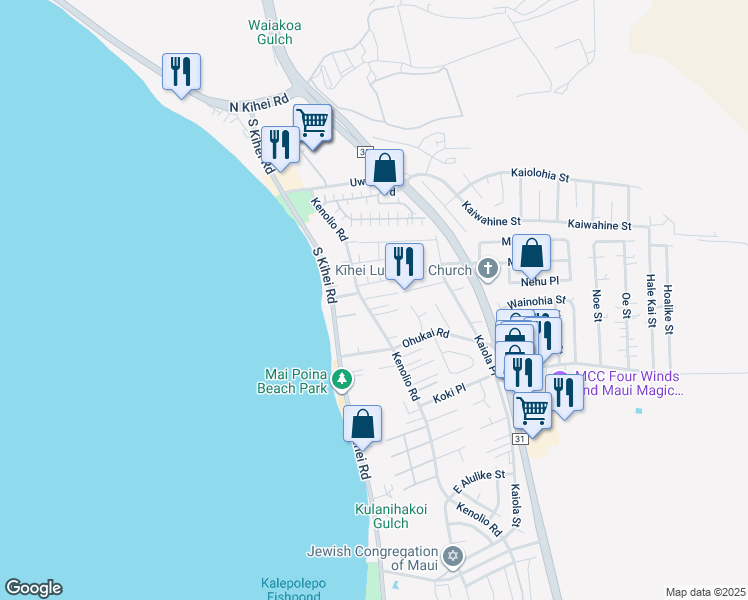 map of restaurants, bars, coffee shops, grocery stores, and more near 56 Konale Place in Kihei