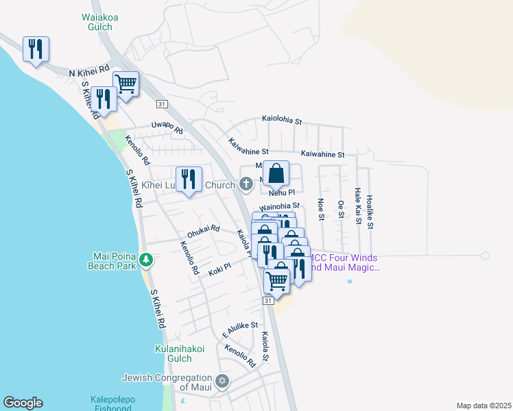map of restaurants, bars, coffee shops, grocery stores, and more near 243 Palanehe Street in Kihei