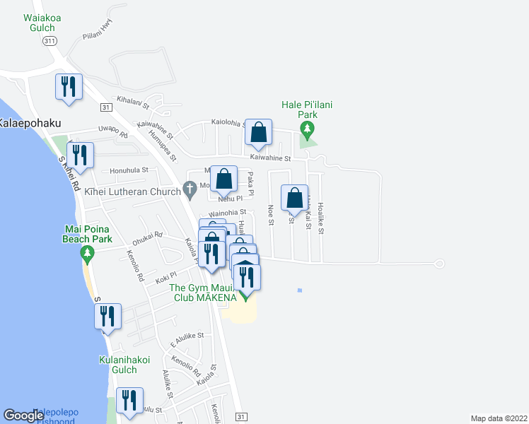 map of restaurants, bars, coffee shops, grocery stores, and more near 315 Wainohia Street in Kihei