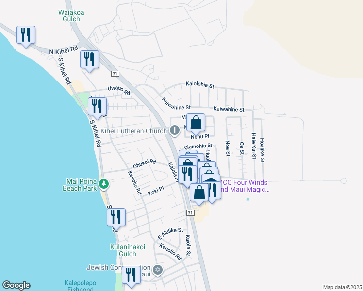 map of restaurants, bars, coffee shops, grocery stores, and more near 243 Palanehe Street in Kihei