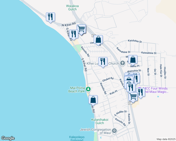map of restaurants, bars, coffee shops, grocery stores, and more near South Kihei Road in Maui County