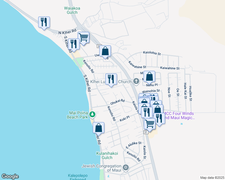 map of restaurants, bars, coffee shops, grocery stores, and more near 240 Olani Place in Kihei