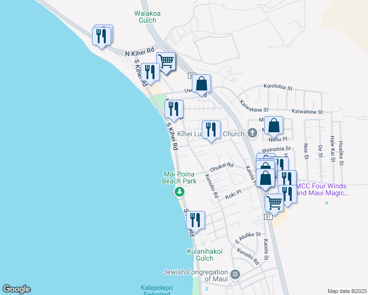 map of restaurants, bars, coffee shops, grocery stores, and more near 20 Leilani Road in Kihei