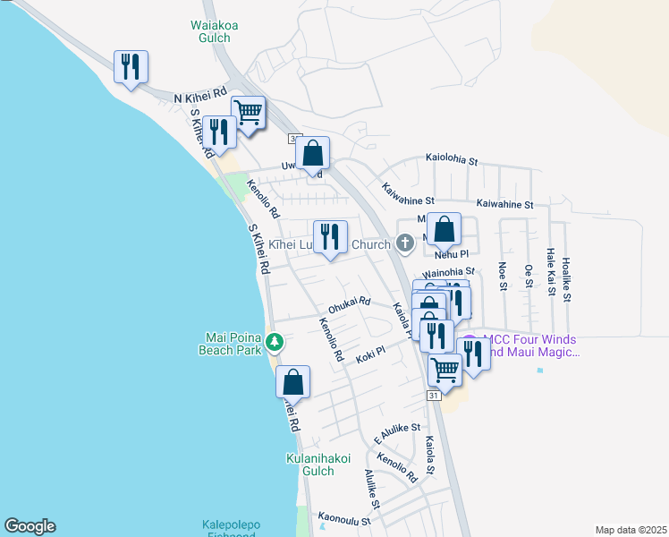 map of restaurants, bars, coffee shops, grocery stores, and more near 110 Aliilani Place in Kihei