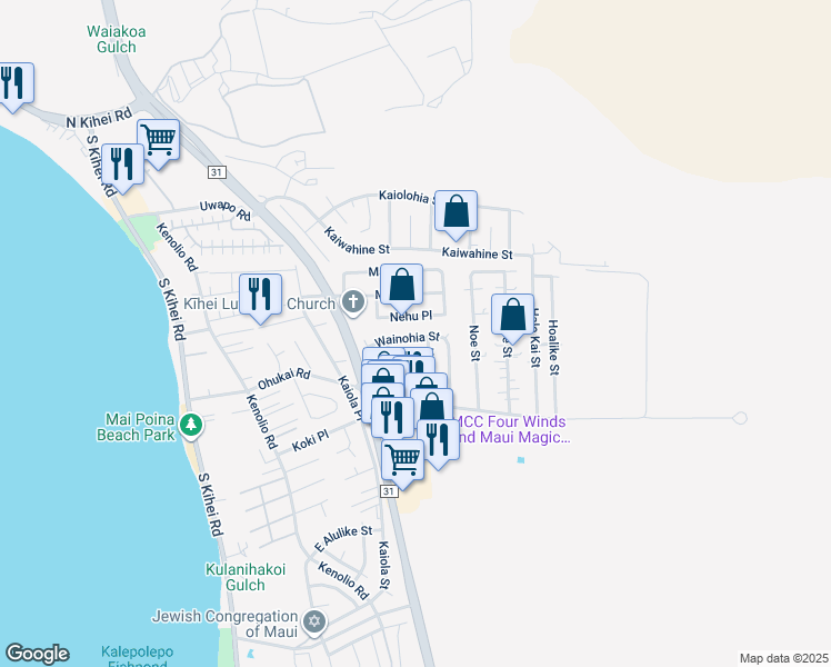 map of restaurants, bars, coffee shops, grocery stores, and more near 273 Wainohia Street in Kihei