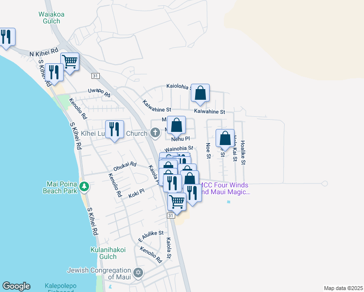map of restaurants, bars, coffee shops, grocery stores, and more near 273 Wainohia Street in Kihei
