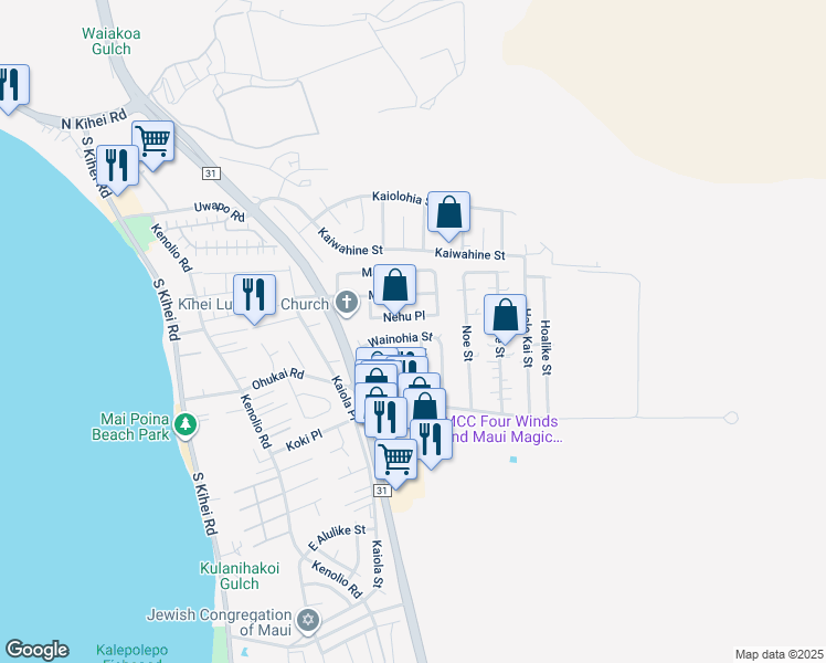map of restaurants, bars, coffee shops, grocery stores, and more near 277 Wainohia Street in Kihei