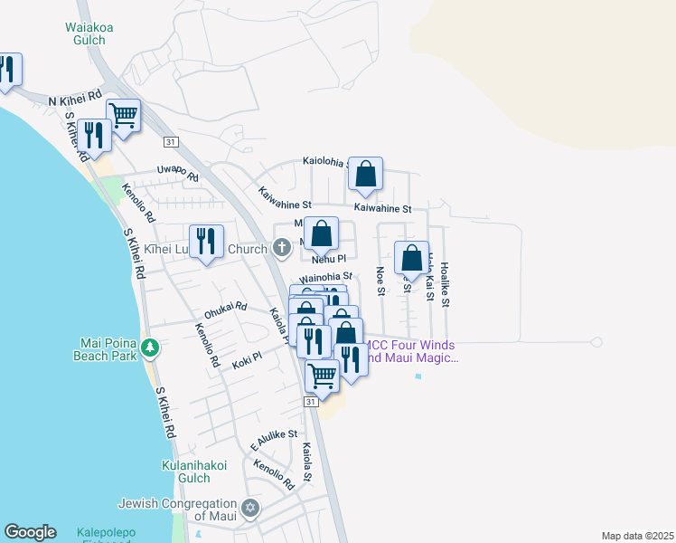 map of restaurants, bars, coffee shops, grocery stores, and more near 277 Wainohia Street in Kihei