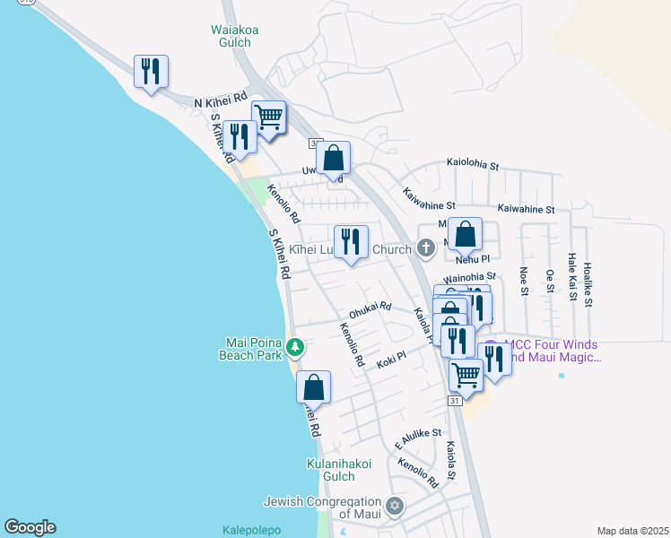 map of restaurants, bars, coffee shops, grocery stores, and more near 75 Konale Place in Kihei