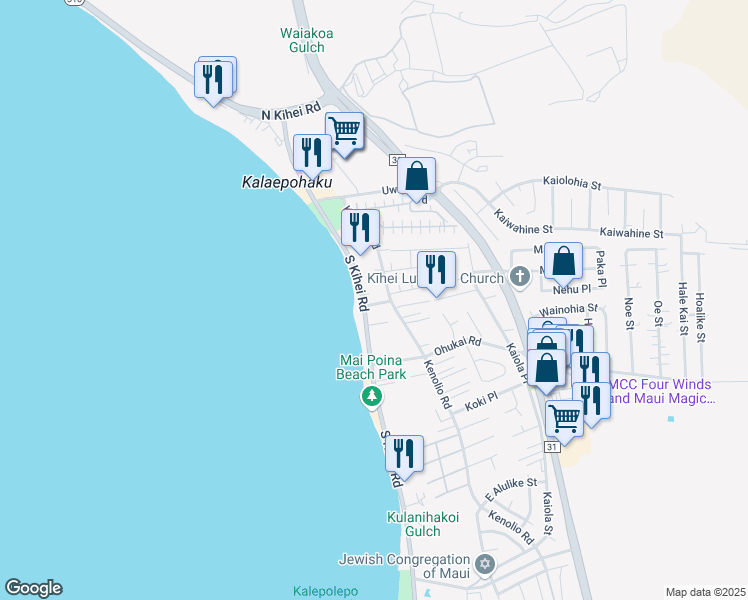 map of restaurants, bars, coffee shops, grocery stores, and more near 11 Leilani Road in Kihei